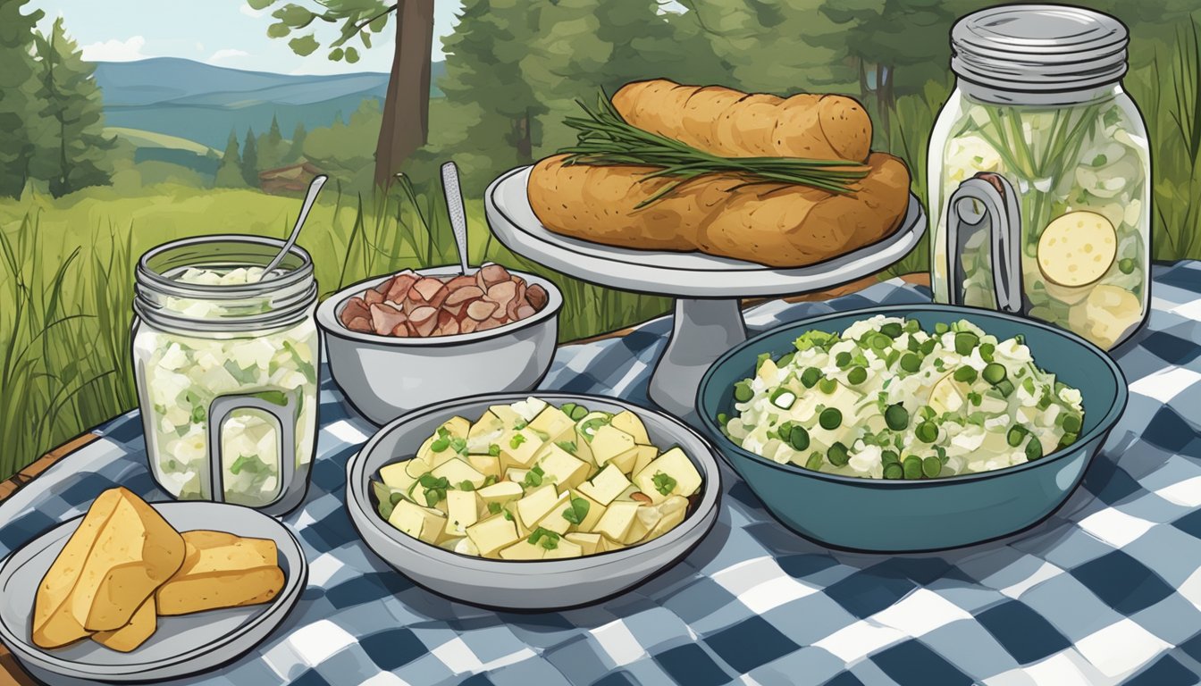 A rustic picnic setting with a checkered blanket, mason jar glasses, and a bowl of creamy potato salad surrounded by fresh ingredients like chives, bacon, and pickles