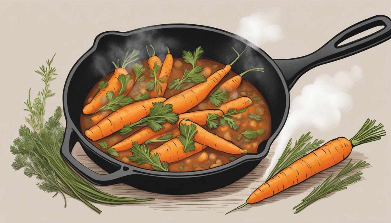 A cast iron skillet filled with sizzling carrots, onions, and herbs, simmering in a rich, savory Texas-style sauce. A cloud of steam rises from the skillet