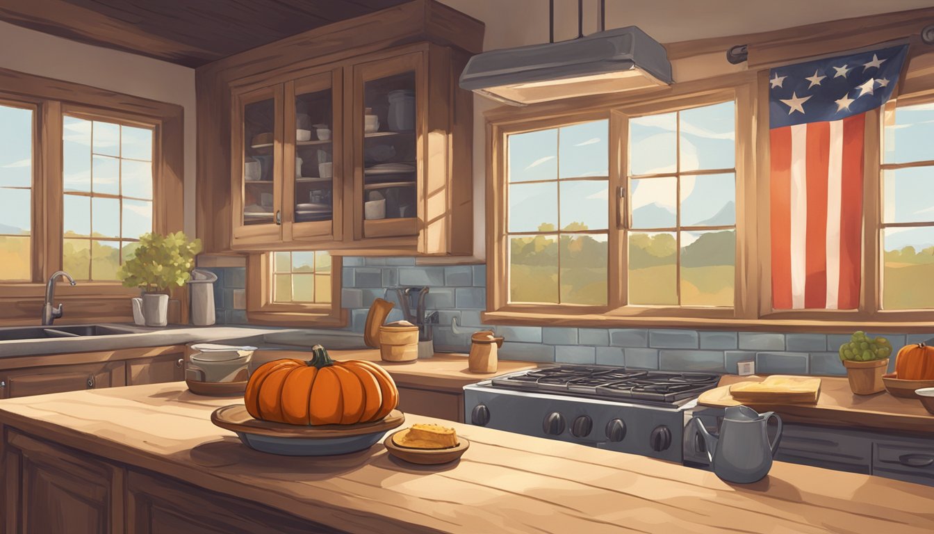 A rustic kitchen with a cowboy hat on the counter, a pumpkin pie cooling on a windowsill, and a Texas flag hanging on the wall