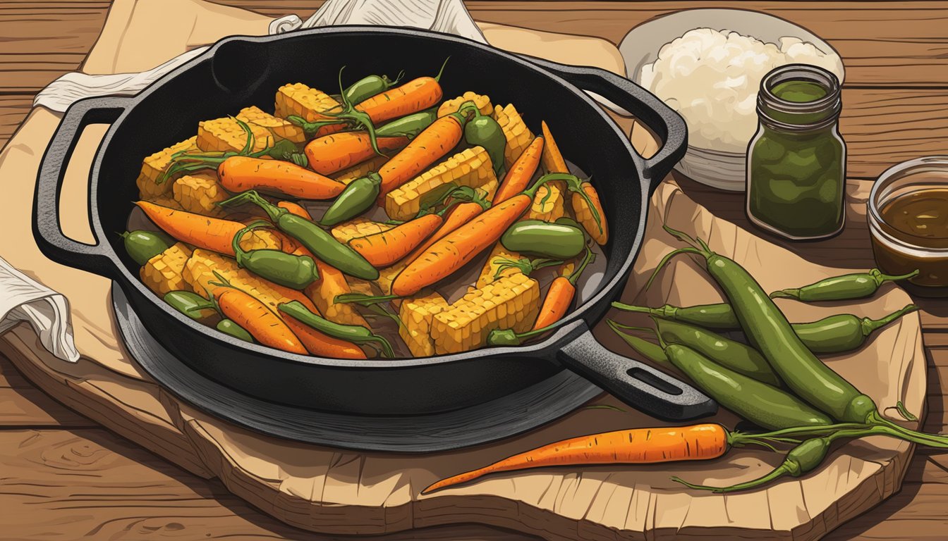 A rustic wooden table set with a cast iron skillet filled with savory braised carrots, alongside a bowl of cornbread and a jar of pickled jalapenos