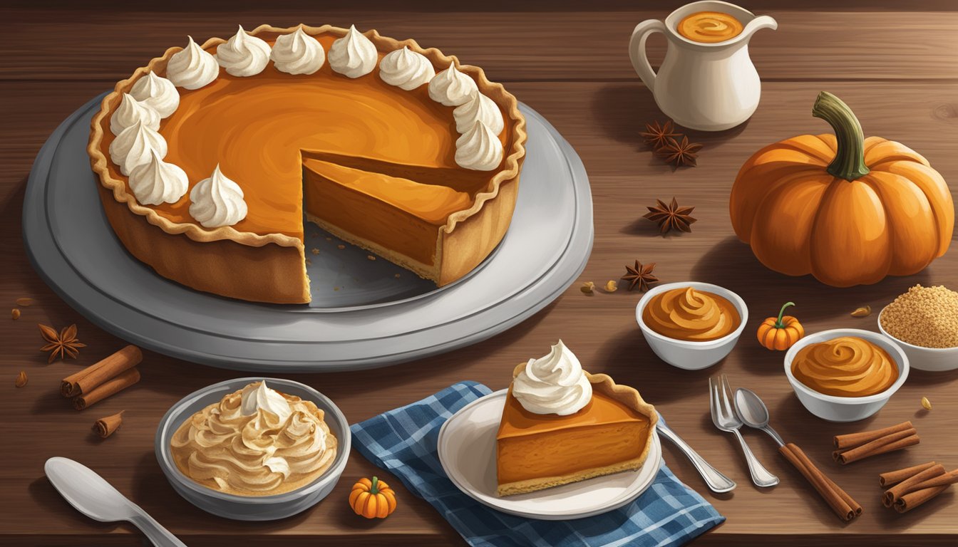 A rustic wooden table with a texas style no bake pumpkin pie surrounded by complementary flavors and toppings like cinnamon, nutmeg, and whipped cream