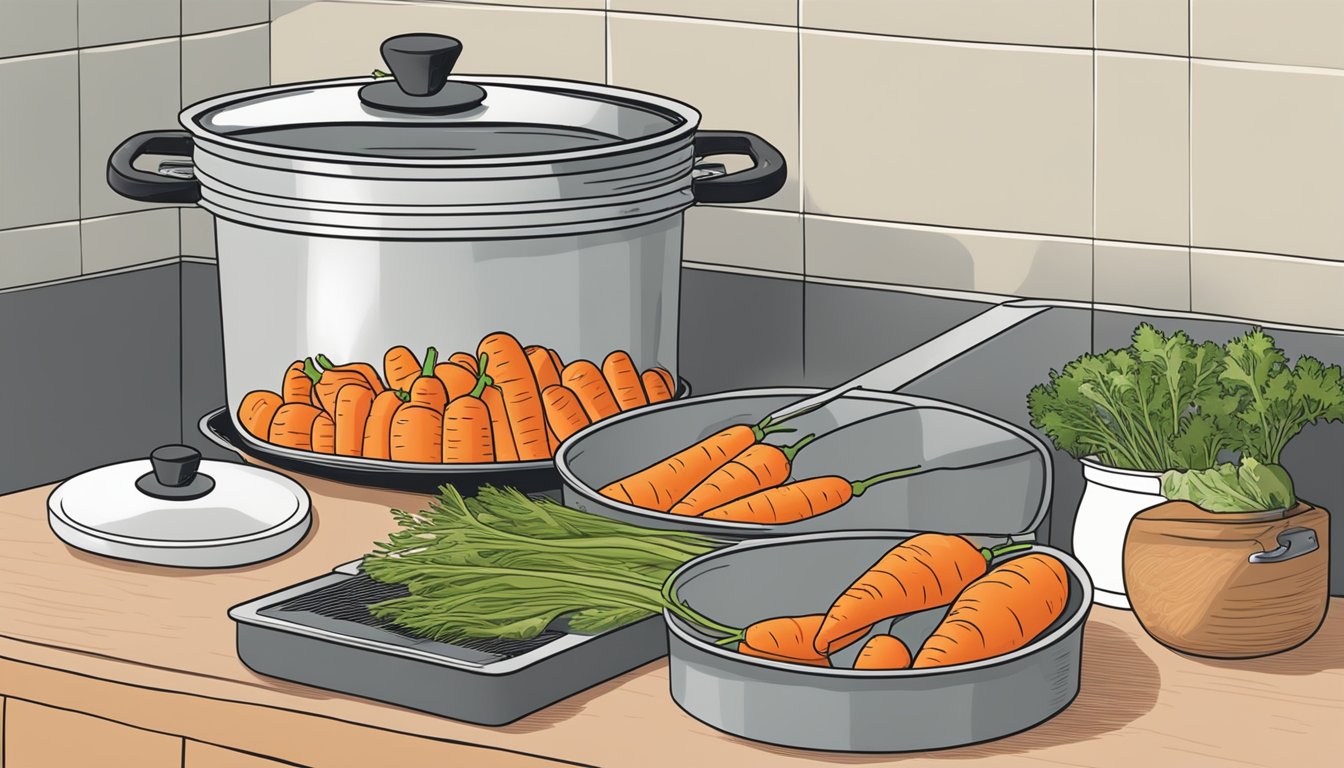 Carrots simmer in a pot of savory Texas-style braising liquid, steam rising as they cook. A container of leftover carrots sits in the fridge, ready to be reheated