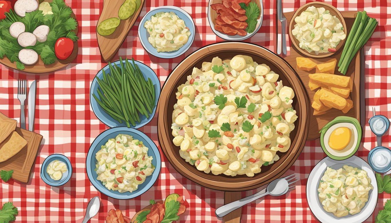 A wooden picnic table set with a red and white checkered tablecloth, adorned with a bowl of creamy potato salad, surrounded by a variety of colorful ingredients such as bacon, chives, and pickles