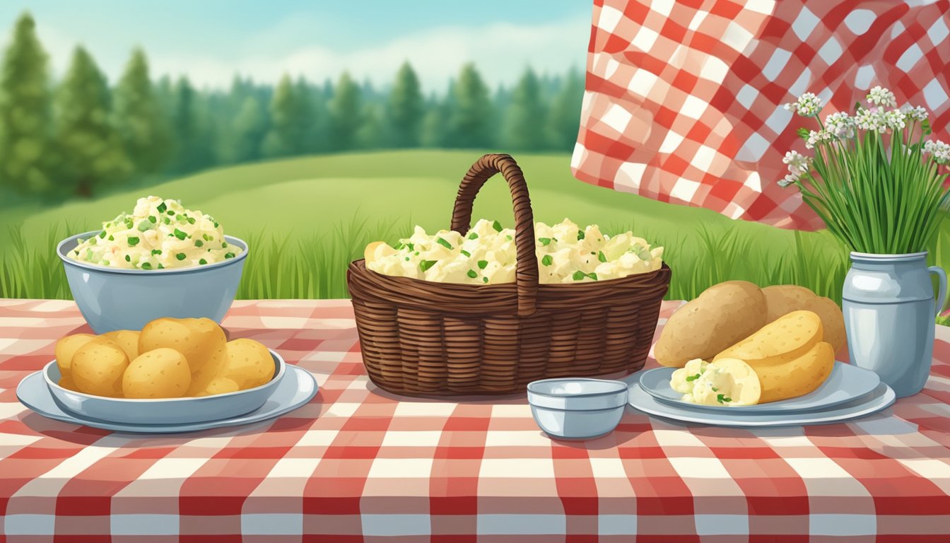 A rustic picnic setting with a red and white checkered tablecloth, a wicker basket, and a large bowl of creamy potato salad topped with chives