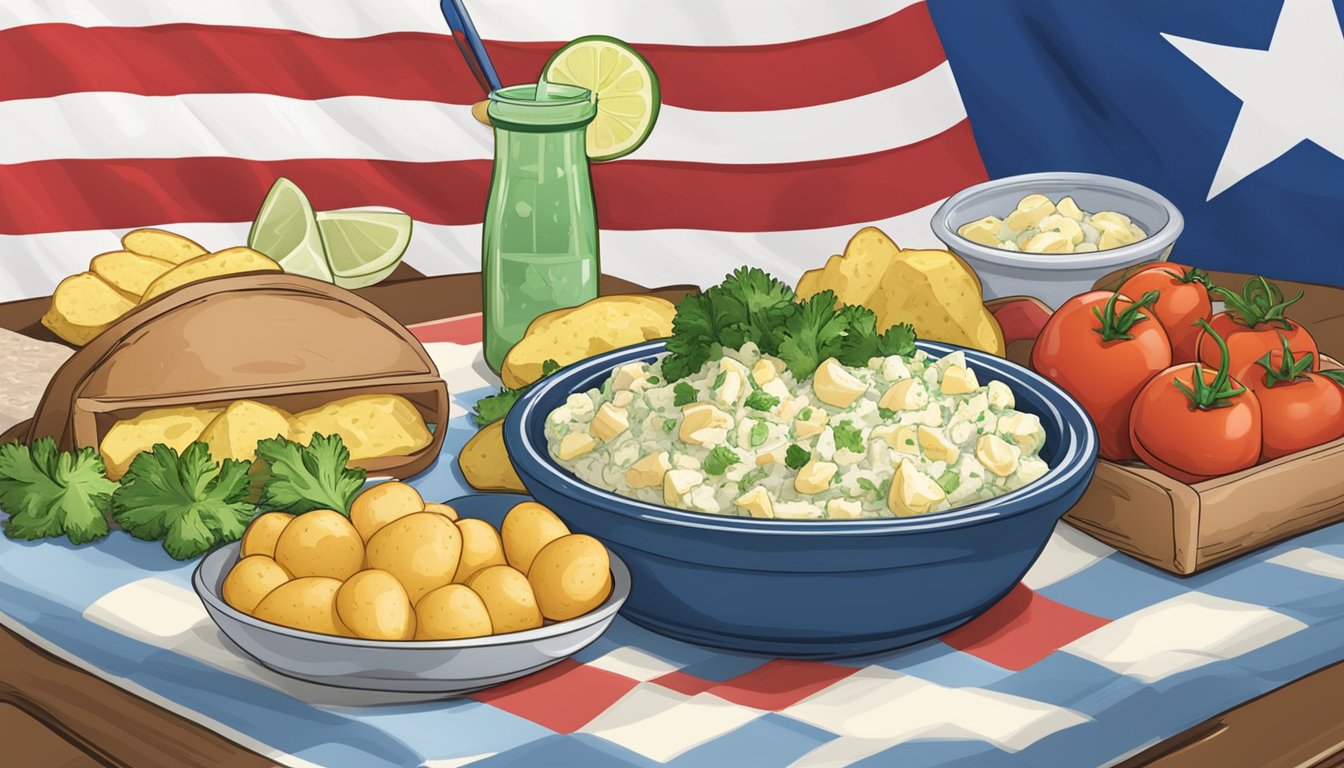 A picnic table set with a bowl of creamy potato salad surrounded by fresh ingredients and a Texas flag fluttering in the background