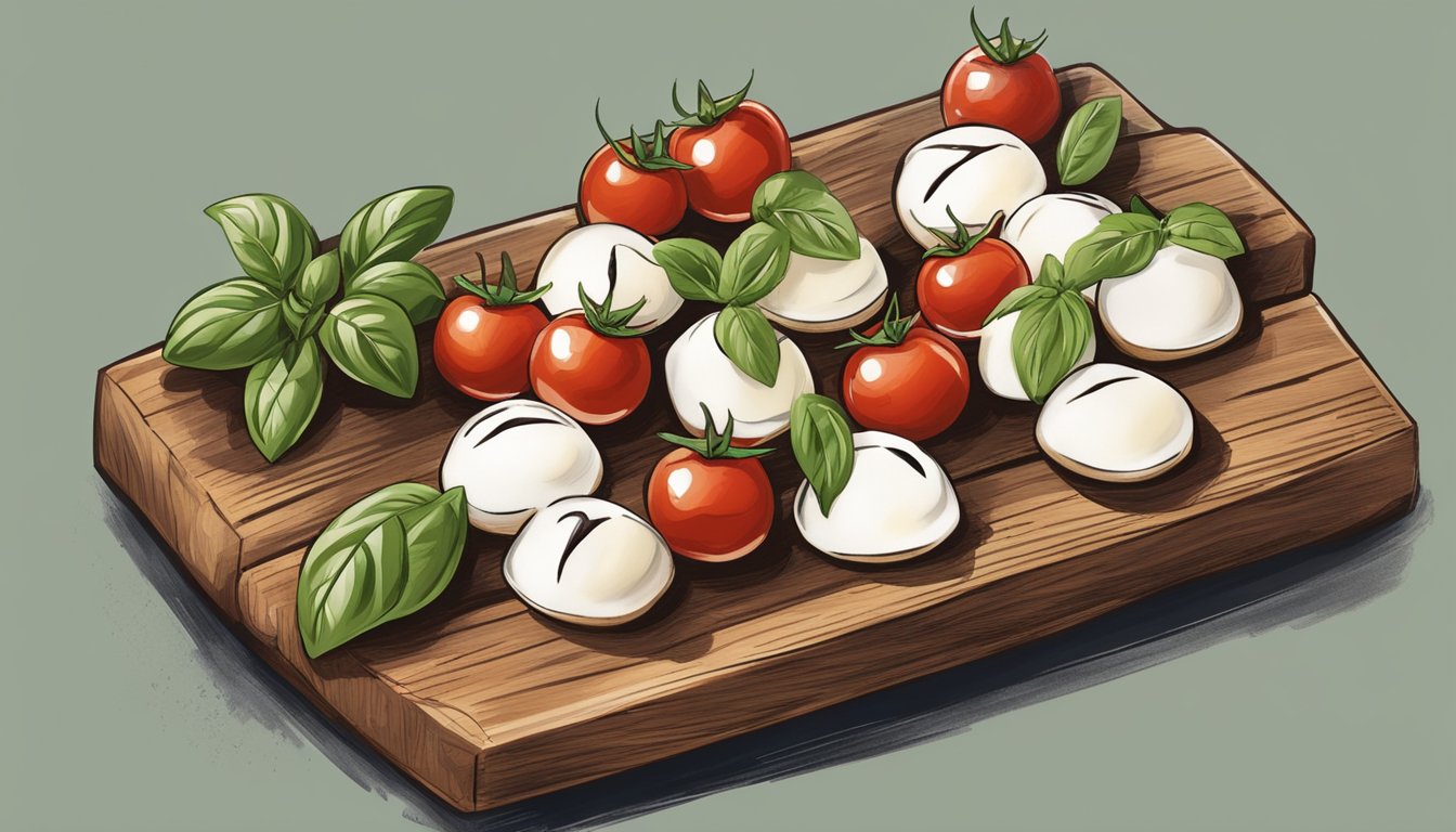 A rustic wooden platter holds mini caprese salad bites, featuring cherry tomatoes, mozzarella, and basil, drizzled with balsamic glaze