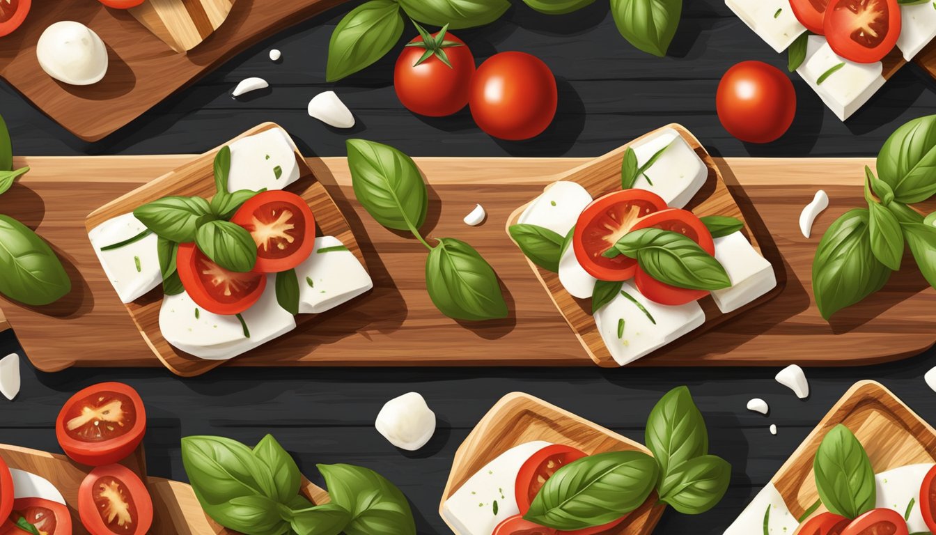 A rustic wooden cutting board displays mini caprese salad bites with fresh tomatoes, mozzarella, and basil, drizzled with balsamic glaze