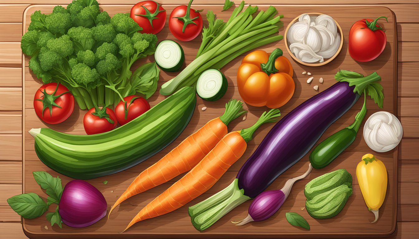 A colorful array of fresh seasonal vegetables and authentic Texas-style ingredients arranged on a wooden cutting board