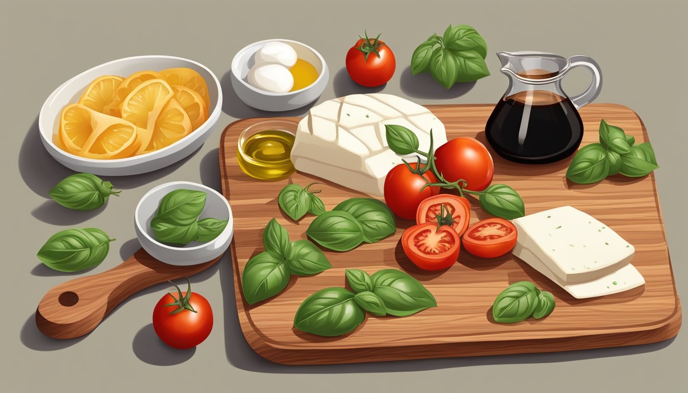 A wooden cutting board with sliced tomatoes, mozzarella, and basil leaves, surrounded by small bowls of olive oil, balsamic vinegar, and seasoning