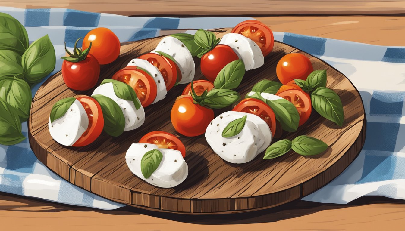 A rustic wooden platter holds mini caprese salad bites with cherry tomatoes, mozzarella, and basil, drizzled with balsamic glaze, set against a backdrop of a Texas ranch landscape