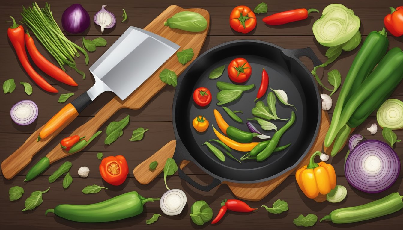 A rustic kitchen with a cast iron skillet, cutting board, knife, and assortment of fresh seasonal vegetables like bell peppers, onions, and tomatoes