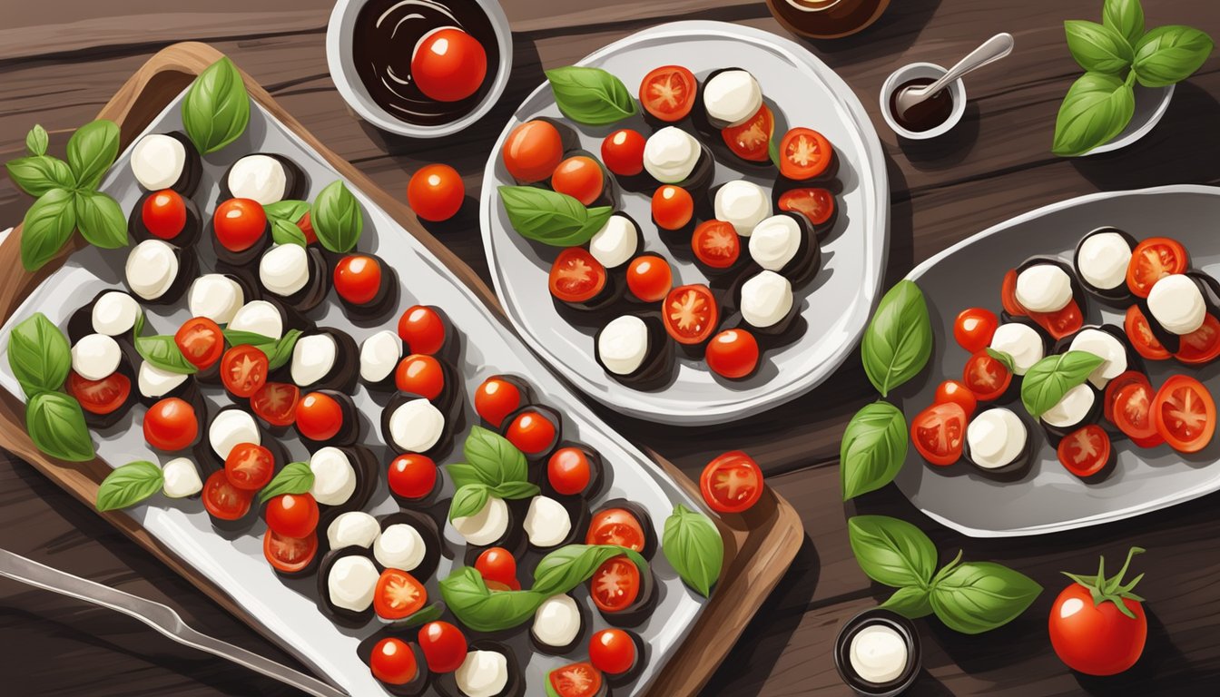 A rustic wooden table with a platter of mini caprese salad bites, featuring cherry tomatoes, mozzarella, and fresh basil, drizzled with balsamic glaze