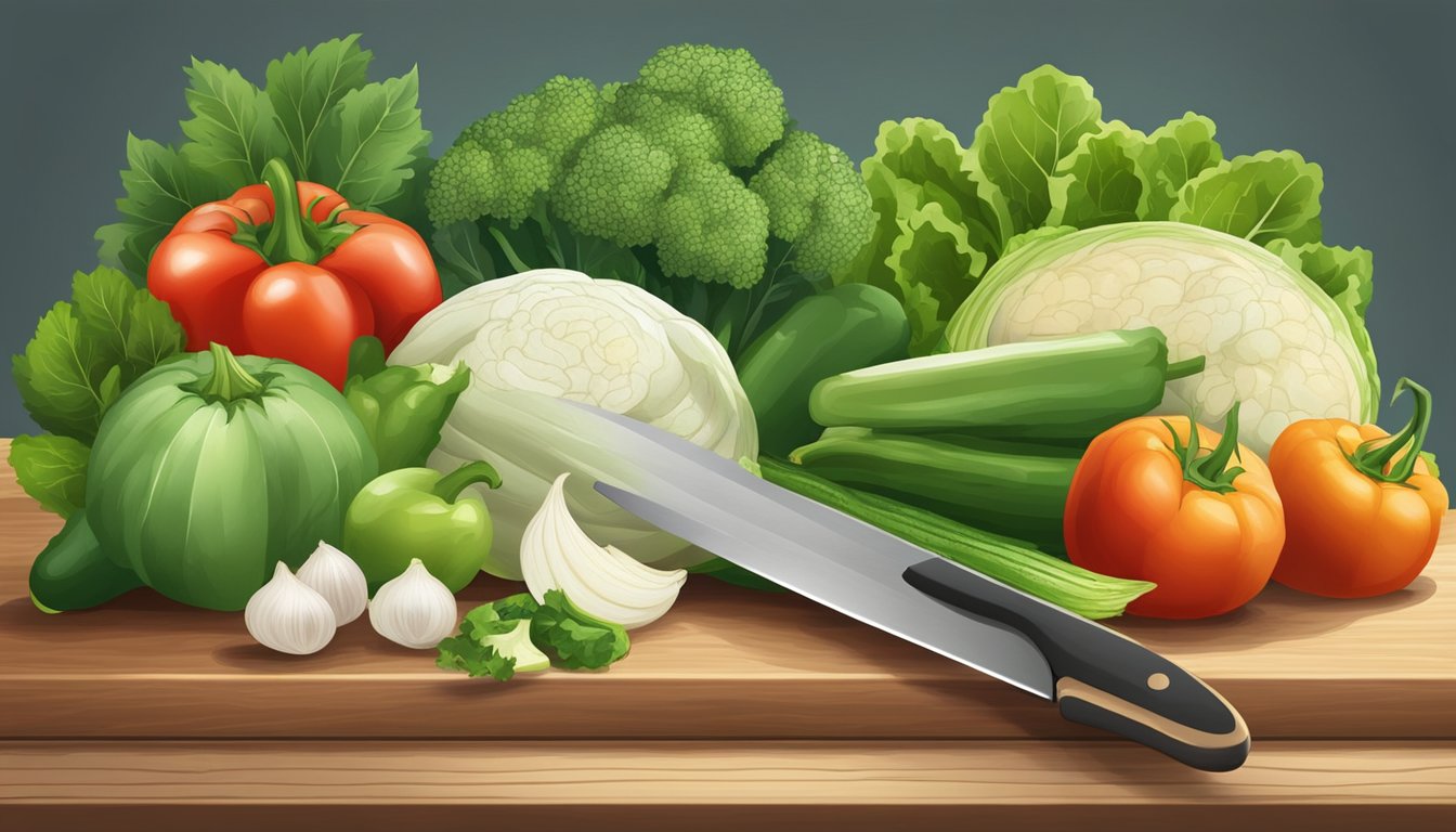 Fresh vegetables arranged on a wooden cutting board, with a knife and cutting board in the background