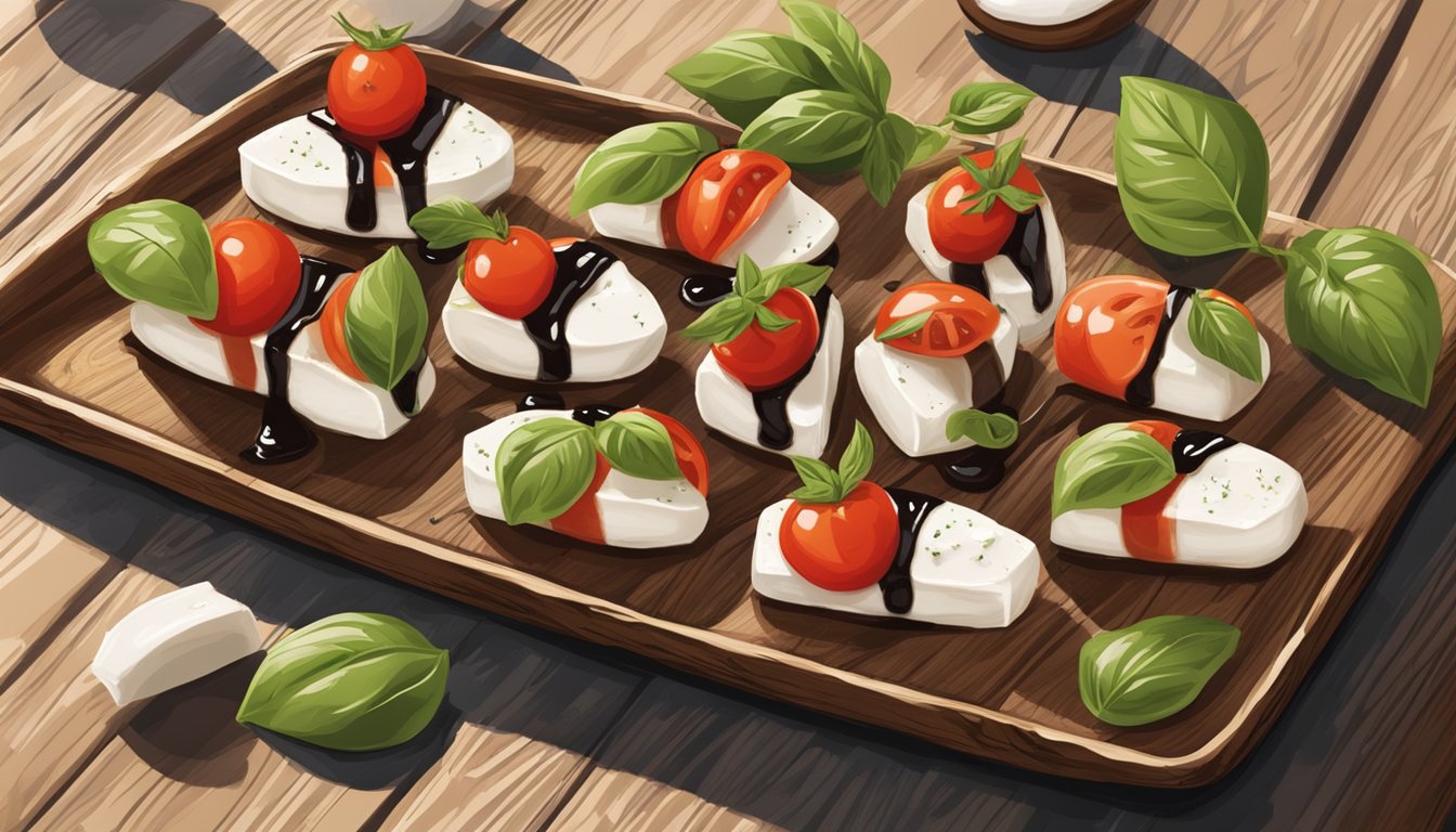 A rustic wooden table displays a platter of mini caprese salad bites with fresh tomatoes, mozzarella, and basil, drizzled with balsamic glaze