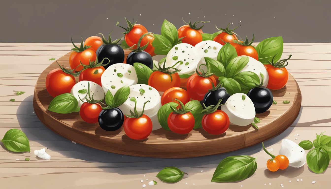 Fresh cherry tomatoes, chunks of creamy mozzarella, and vibrant green basil leaves arranged on a wooden platter, drizzled with balsamic glaze and sprinkled with a touch of sea salt