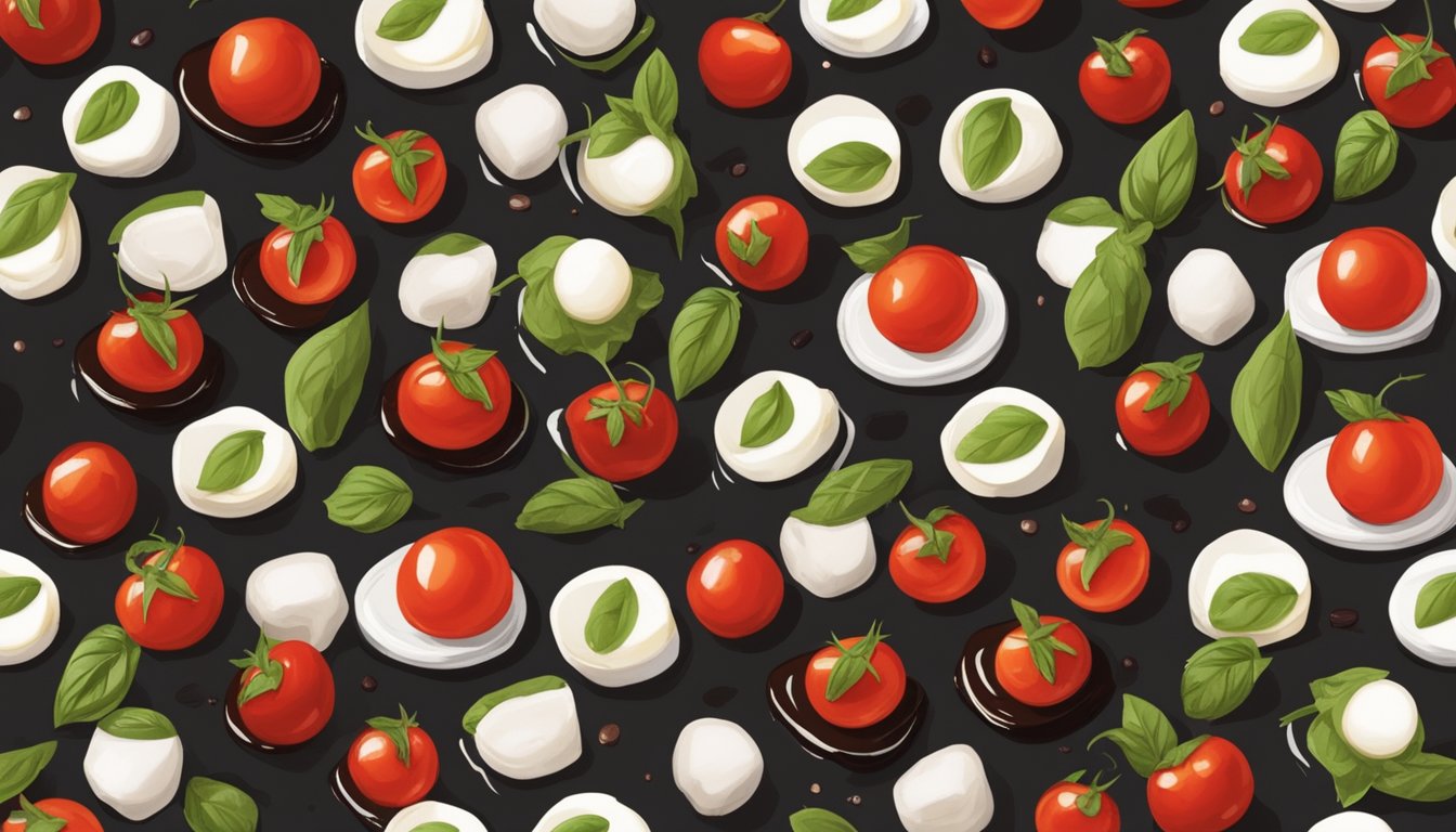 A rustic wooden table with a platter of mini caprese salad bites, featuring cherry tomatoes, fresh mozzarella, and basil leaves, drizzled with balsamic glaze