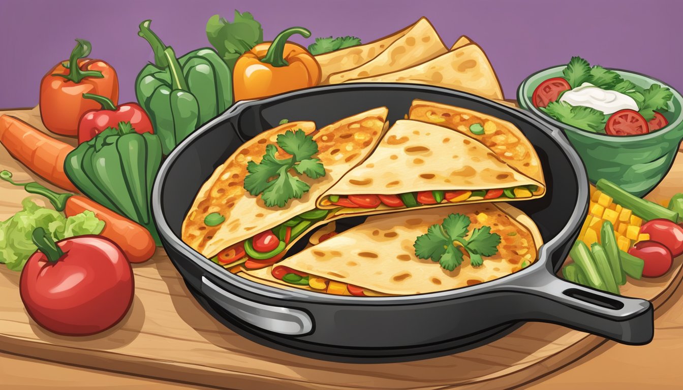 A sizzling skillet holds a golden-brown quesadilla, overflowing with vibrant, fresh vegetables, accompanied by a side of zesty salsa