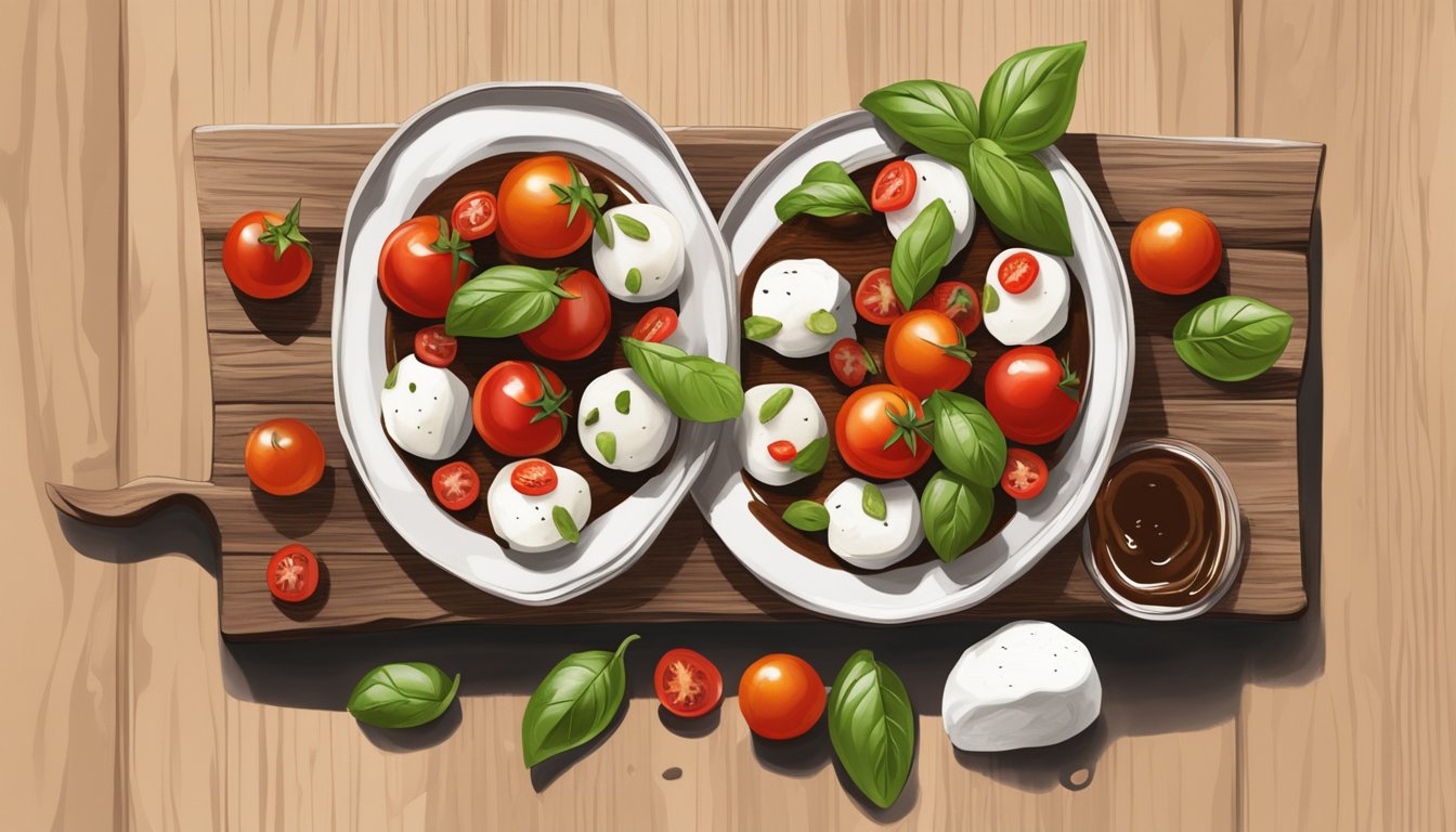 A rustic wooden platter holds mini caprese salad bites, featuring cherry tomatoes, mozzarella, and basil, drizzled with balsamic glaze