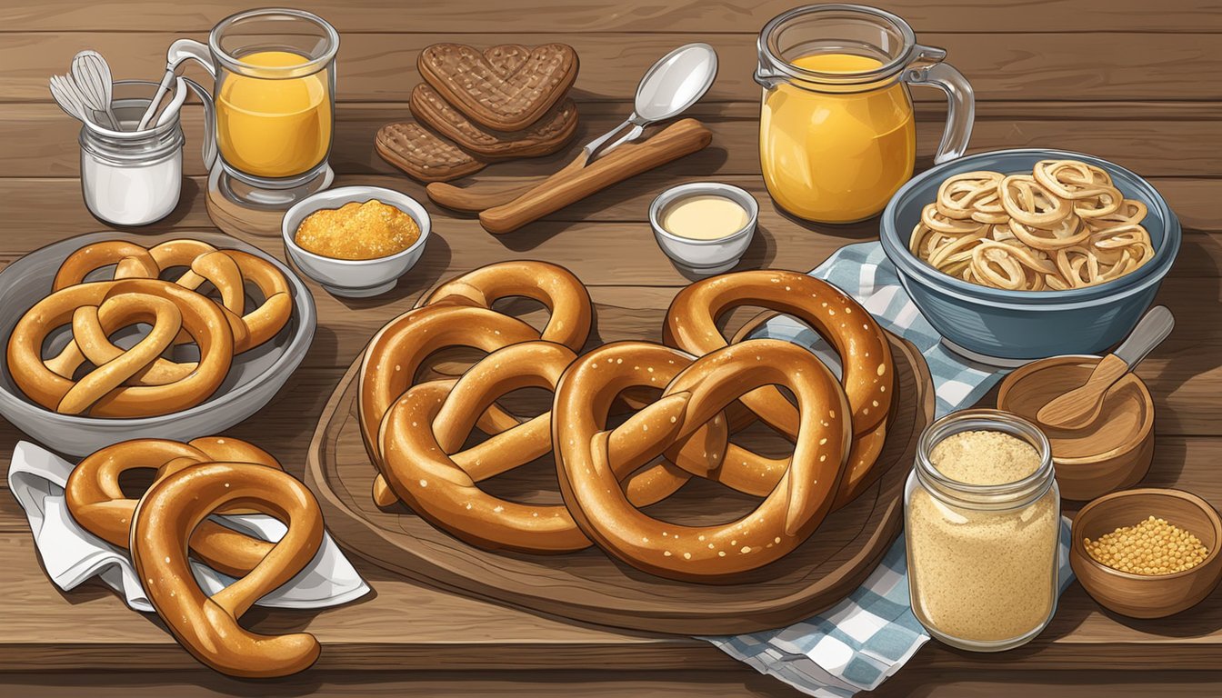 A rustic kitchen table adorned with freshly baked Texas-style German pretzels, surrounded by traditional baking ingredients and utensils