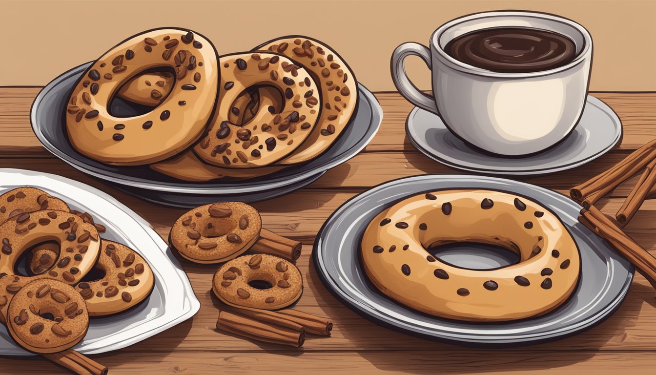 A warm, rustic kitchen with a wooden table displaying a plate of freshly baked Texas-style cinnamon raisin bagels, surrounded by scattered cinnamon sticks and plump raisins