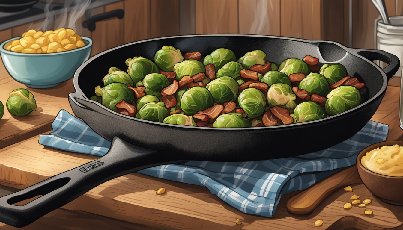 A cast iron skillet sizzling with Texas-style roasted brussel sprouts, seasoned with chili powder and bacon, surrounded by a rustic kitchen