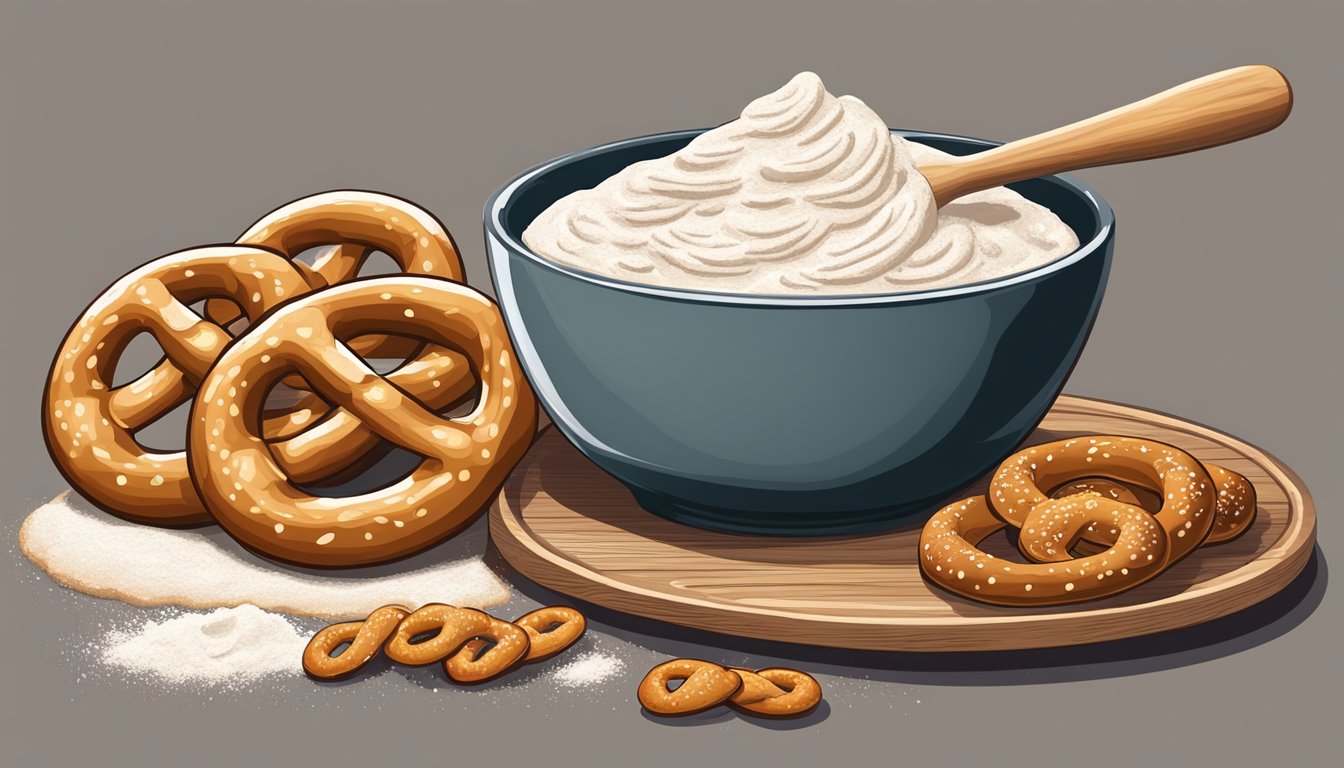 A wooden table covered in flour with a bowl of pretzel dough, a rolling pin, and a tray of freshly baked German pretzels