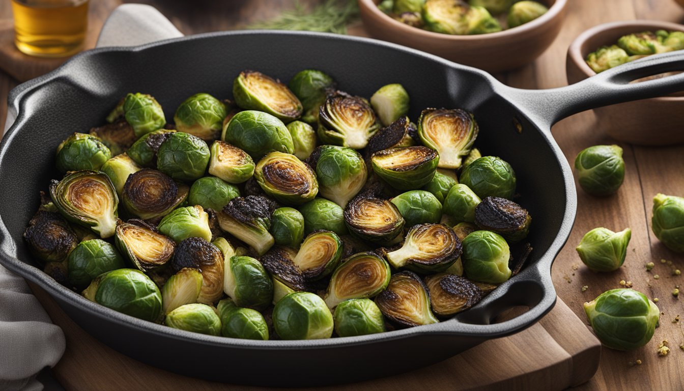 A cast iron skillet sizzling with roasted brussel sprouts, seasoned with Texas-style spices and herbs