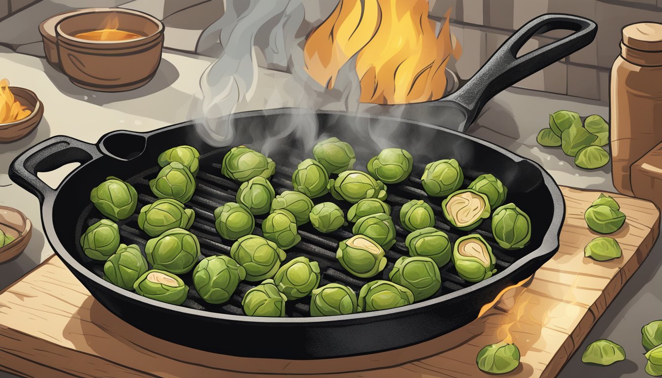 Brussel sprouts roasting in a cast iron skillet over an open flame, with a drizzle of oil and seasoning