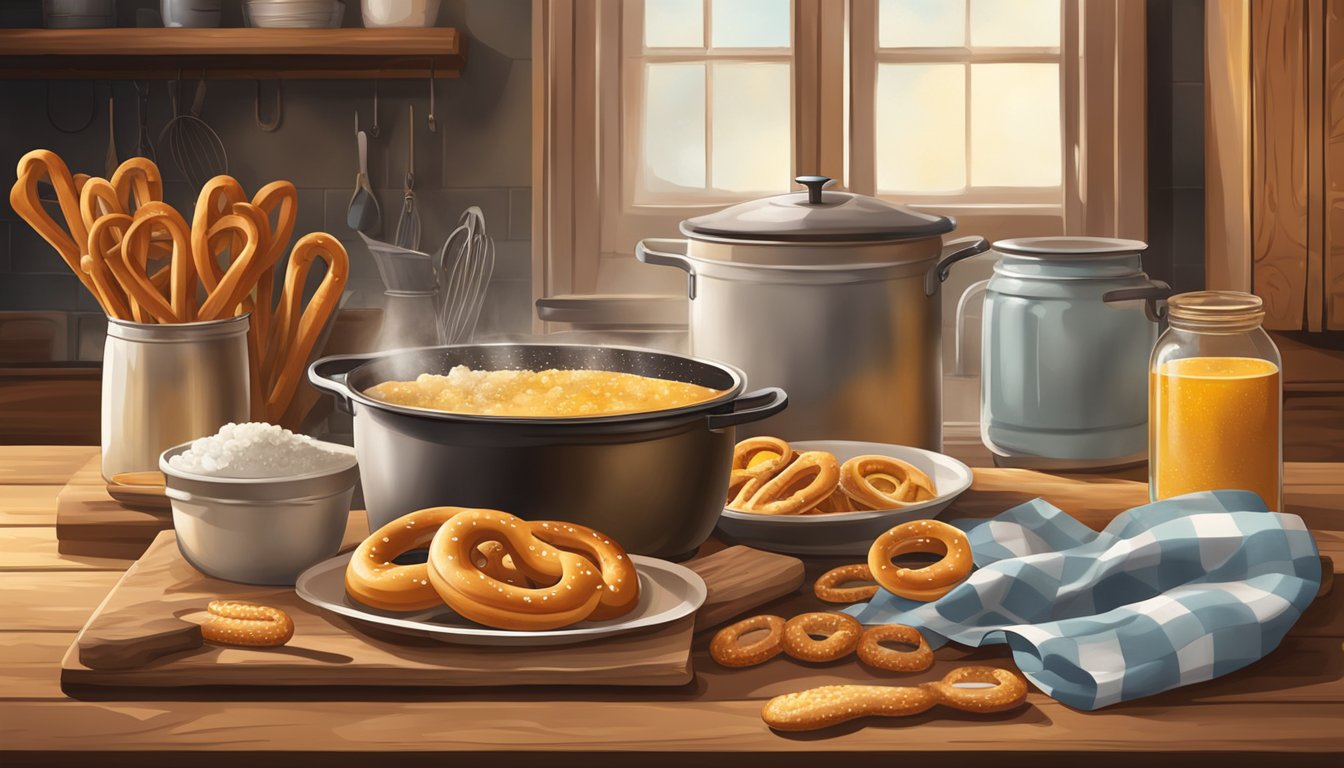 A rustic kitchen with a large pot of lye bath, surrounded by safety gear and freshly baked German pretzels on a wooden table