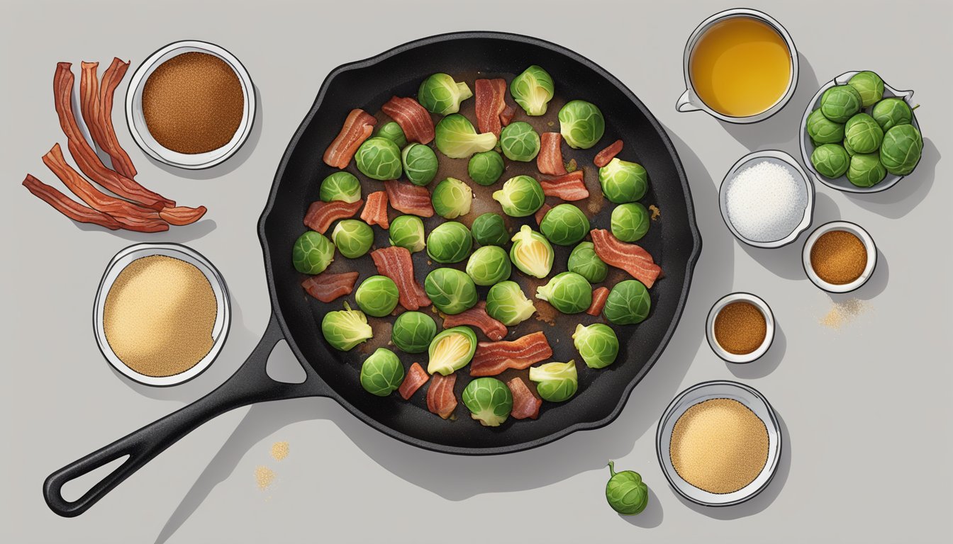 A cast iron skillet sizzling with halved brussel sprouts, bacon, and caramelized onions, surrounded by a sprinkle of chili powder and a drizzle of honey