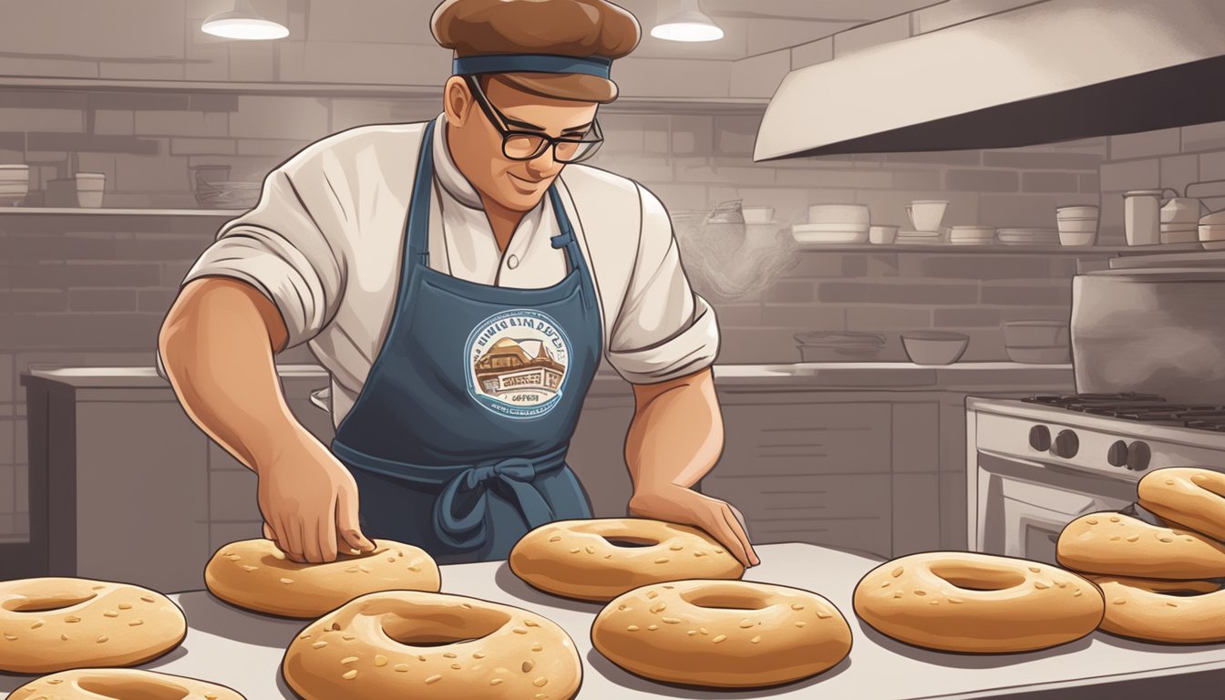 A baker kneads dough and sprinkles cinnamon and raisins on texas style bagels