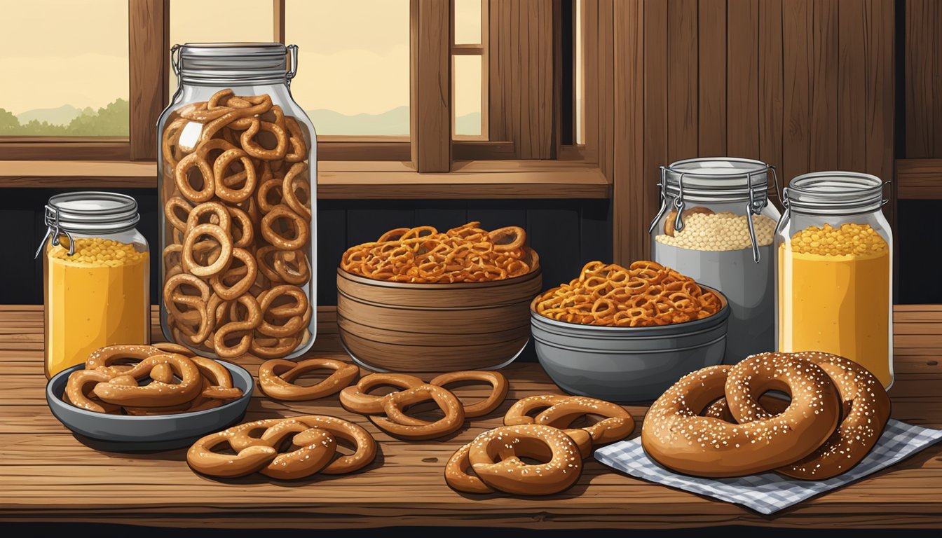 A rustic wooden table with freshly baked German pretzels, surrounded by jars of various Texas-style seasonings and toppings