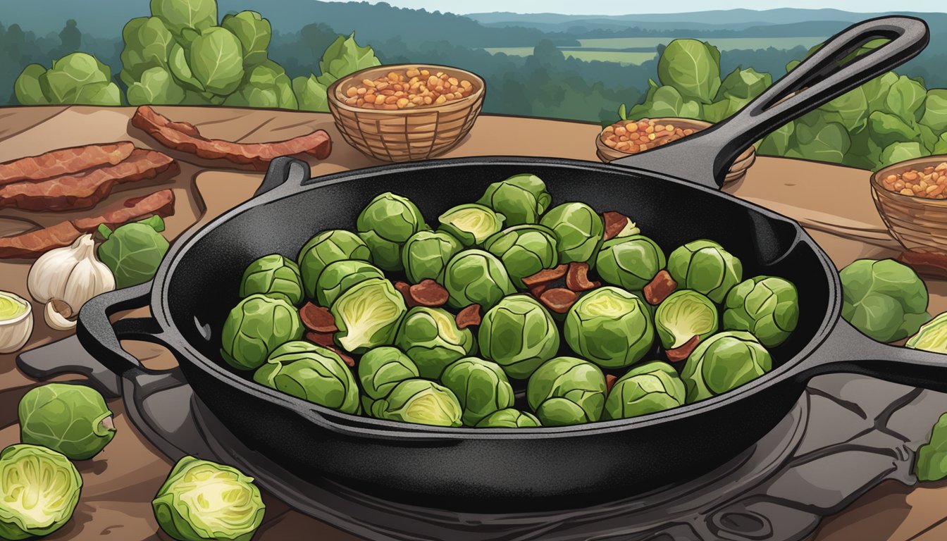 Brussel sprouts roasting on a cast-iron skillet, surrounded by sizzling bacon, garlic, and chili flakes. A Texan landscape in the background