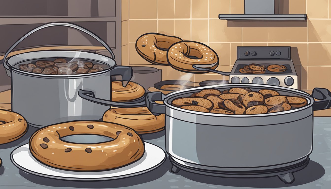 Cinnamon raisin bagels boiling in a pot of water while others bake in the oven, Texas style