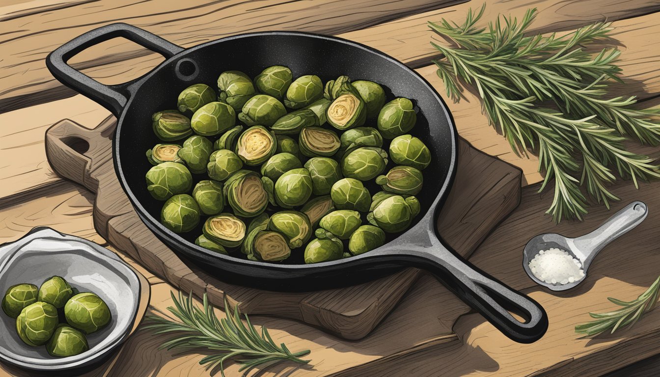 A rustic wooden table with a cast iron skillet filled with roasted brussel sprouts, surrounded by scattered sprigs of fresh rosemary and a sprinkle of sea salt