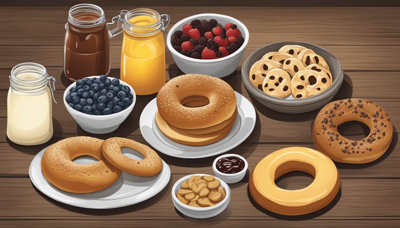 A rustic wooden table displays a variety of Texas-style cinnamon raisin bagels with an assortment of toppings and variations, such as cream cheese, butter, and fruit preserves