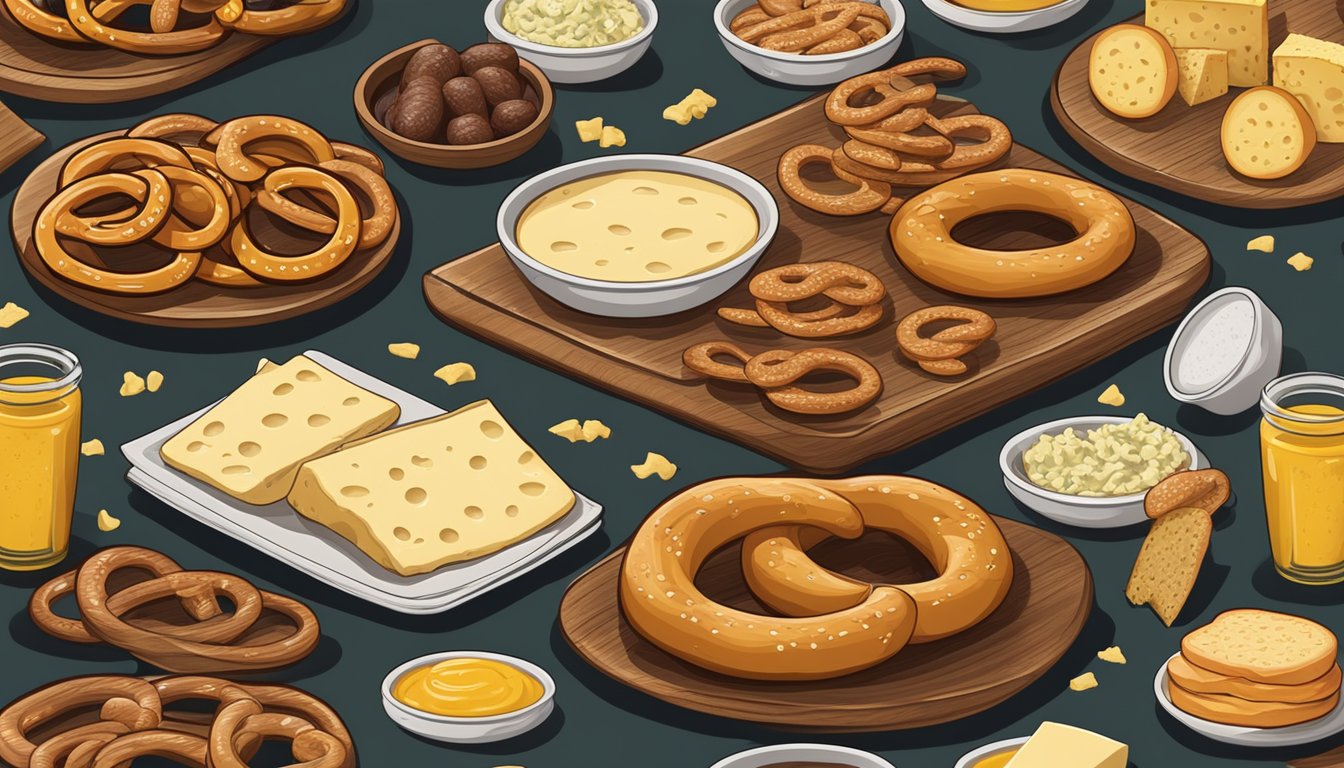 A rustic wooden table with a platter of freshly baked German pretzels, accompanied by a selection of cheeses, sausages, and mustard