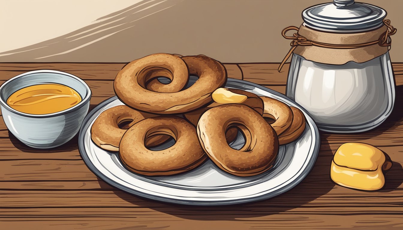 A rustic wooden table with a basket of freshly baked cinnamon raisin bagels, a jar of honey, and a vintage ceramic plate