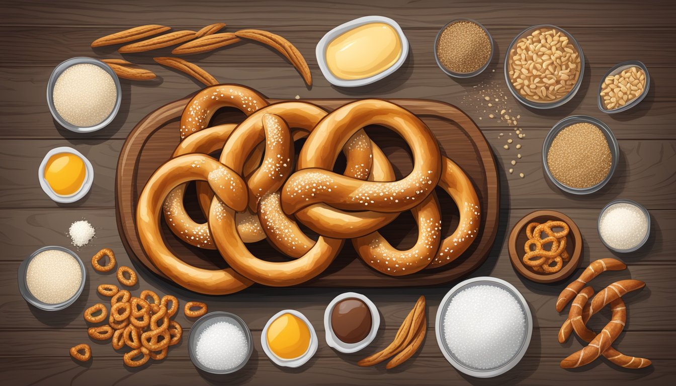 A rustic wooden table displays a platter of freshly baked German pretzels, surrounded by ingredients like coarse salt and a nutrition label