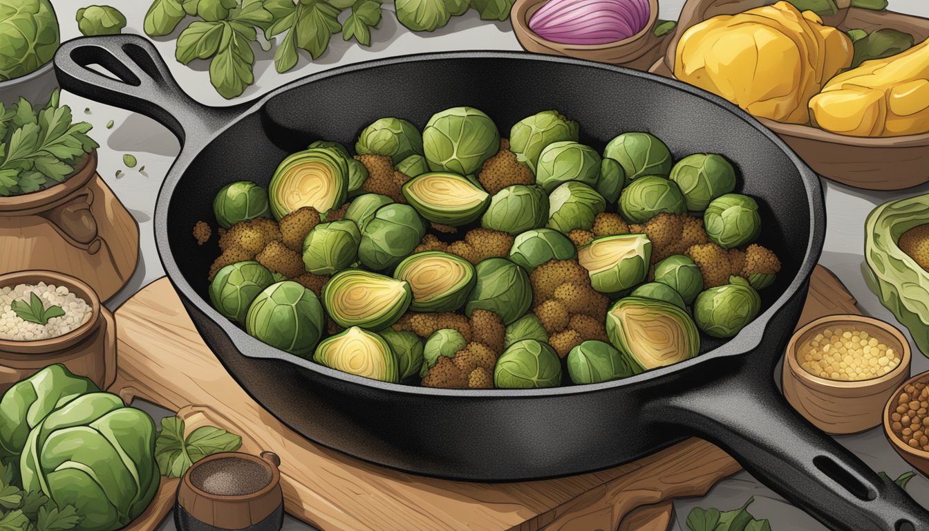 A cast iron skillet sizzling with roasted brussel sprouts, surrounded by a colorful array of spices and herbs