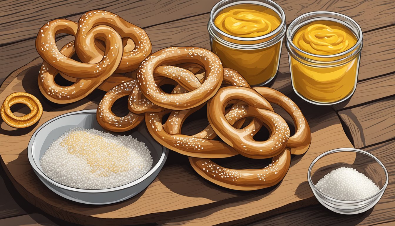 Freshly baked pretzels arranged on a rustic wooden cutting board, with a small dish of coarse salt and a jar of spicy mustard on the side