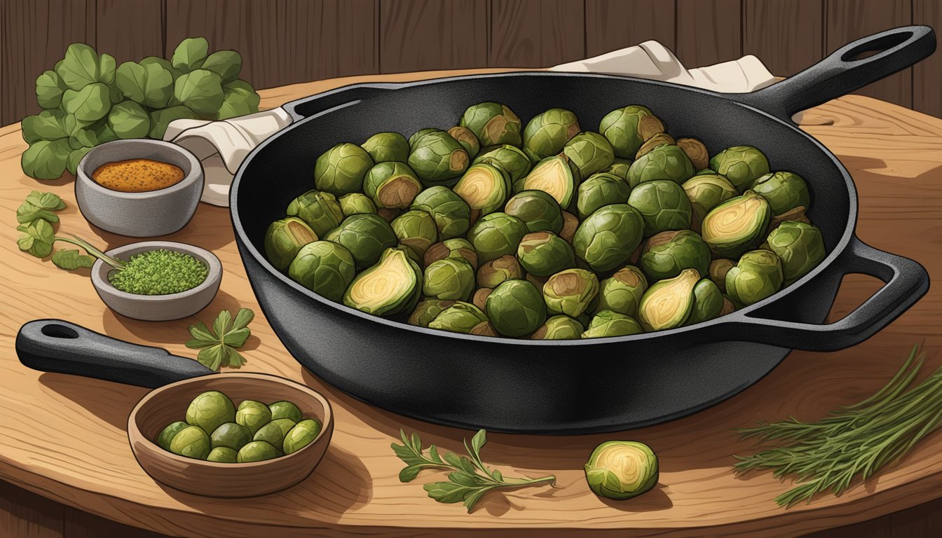 A rustic wooden table set with a cast iron skillet filled with sizzling Texas-style roasted brussel sprouts, surrounded by fresh herbs and spices