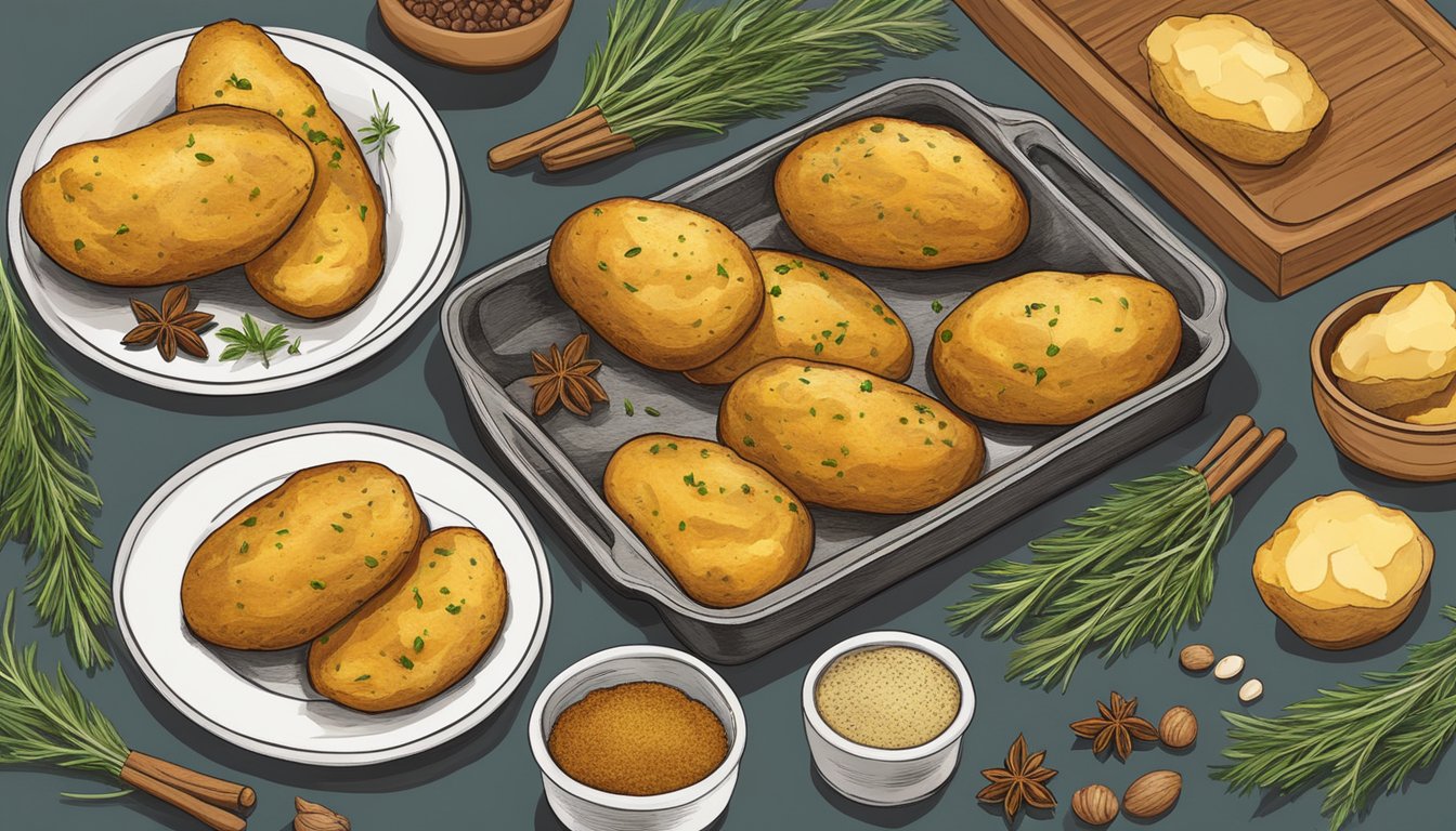 A rustic kitchen counter with a tray of golden brown twice baked potatoes, surrounded by Texan spices and herbs