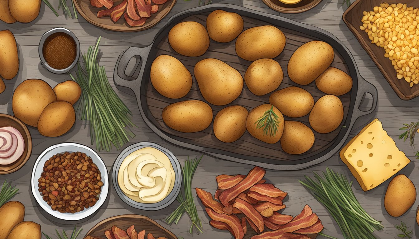 A rustic kitchen counter with a tray of baked potatoes, surrounded by Texan spices and toppings like cheese, bacon, and chives