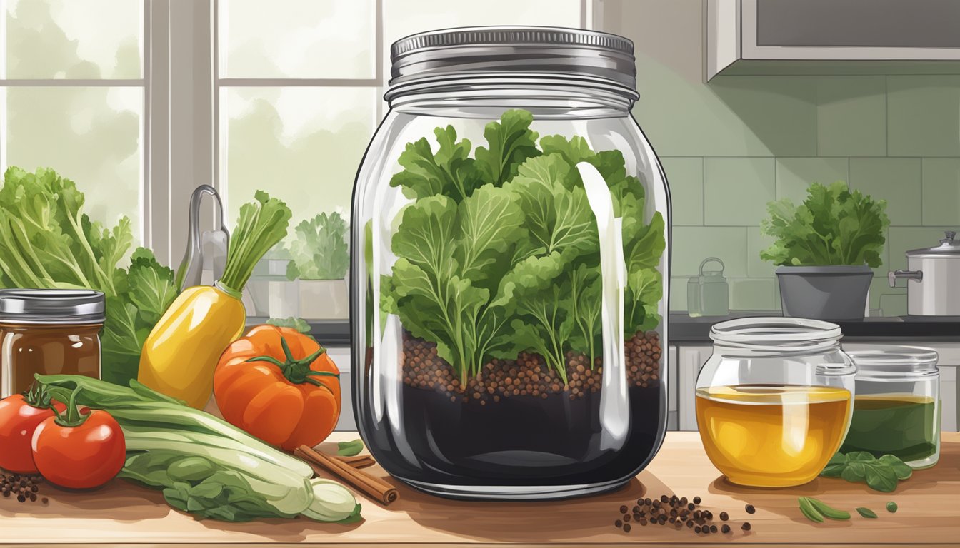 A mason jar filled with oil, vinegar, and spices sits on a kitchen counter next to a bowl of fresh greens and vegetables