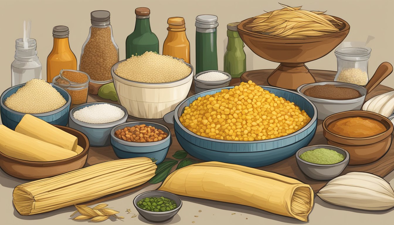 A table filled with ingredients and utensils for making tamales, including masa, corn husks, and various fillings