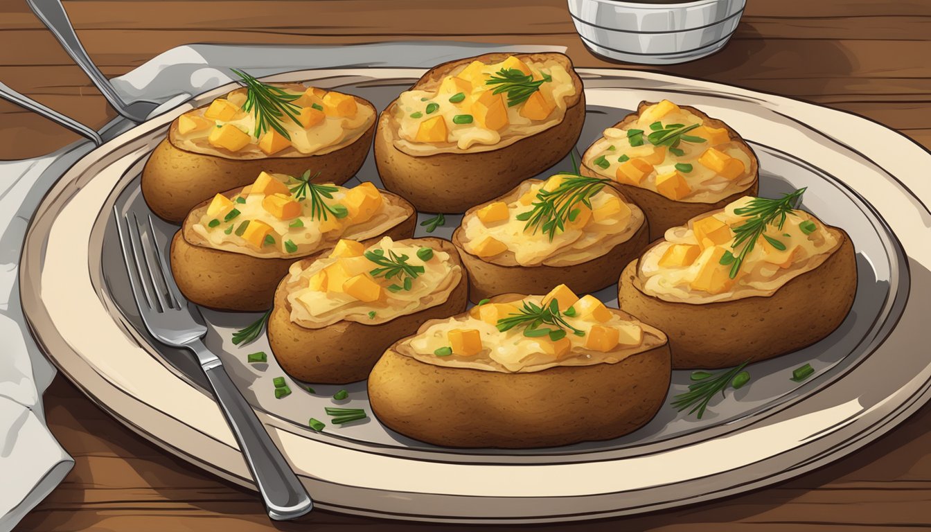 A rustic wooden table set with a platter of golden, crispy-skinned twice baked potatoes, garnished with melted cheese, bacon bits, and chives