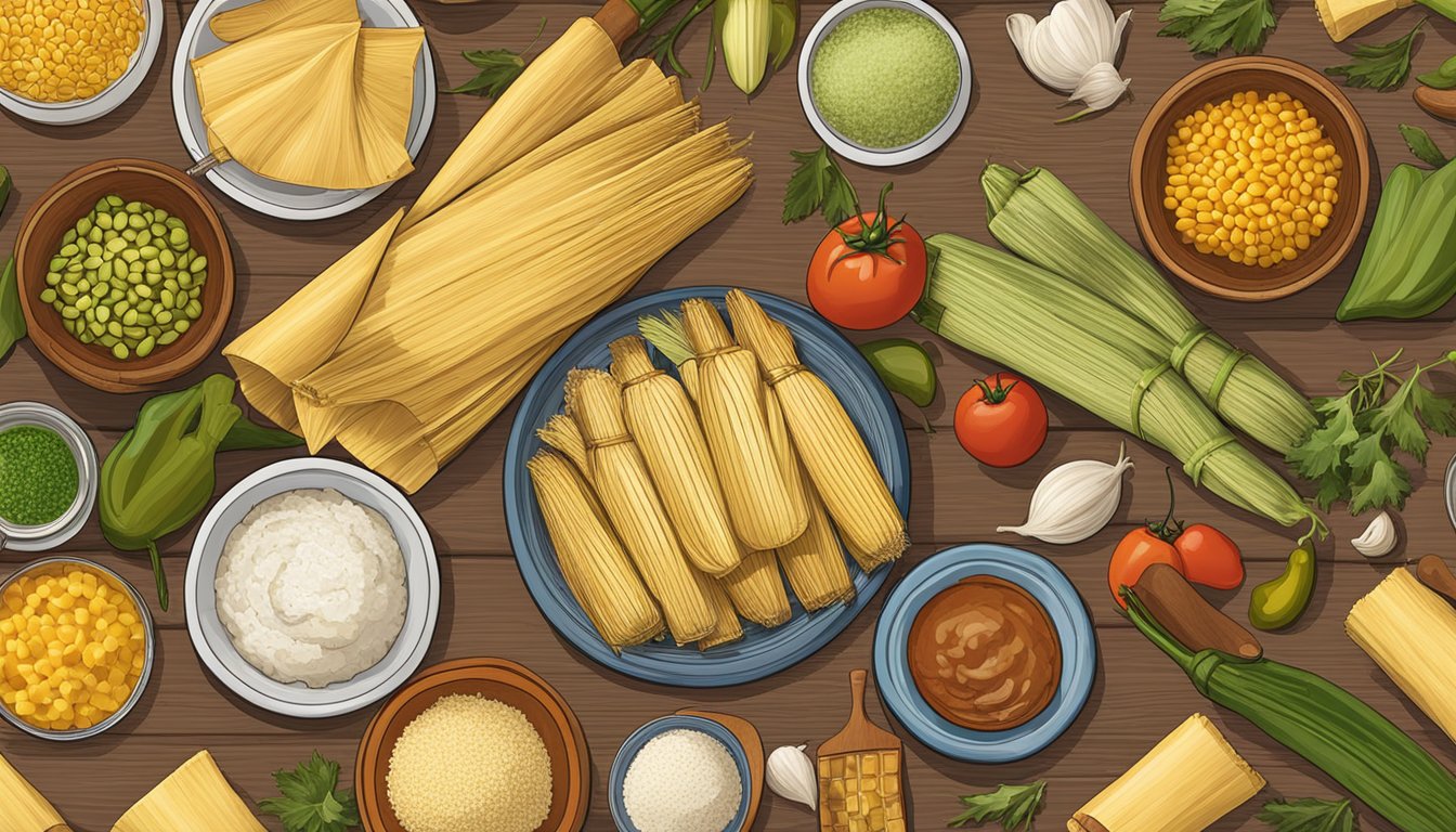 A colorful array of ingredients and cooking utensils spread out on a wooden table, including masa, corn husks, and savory fillings for Texas-style tamales