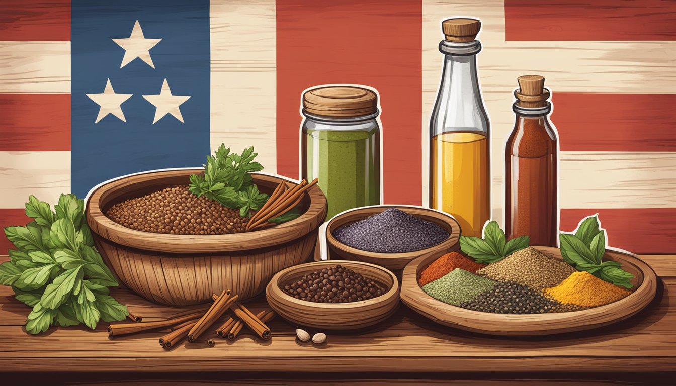 A rustic wooden table set with a variety of colorful spices and herbs, alongside a bottle of salad dressing, with a Texas flag draped in the background