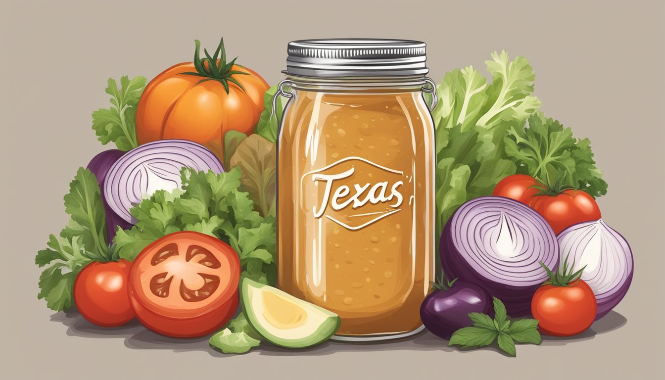 A mason jar filled with Texas-style salad dressing, surrounded by fresh ingredients like tomatoes, onions, and herbs